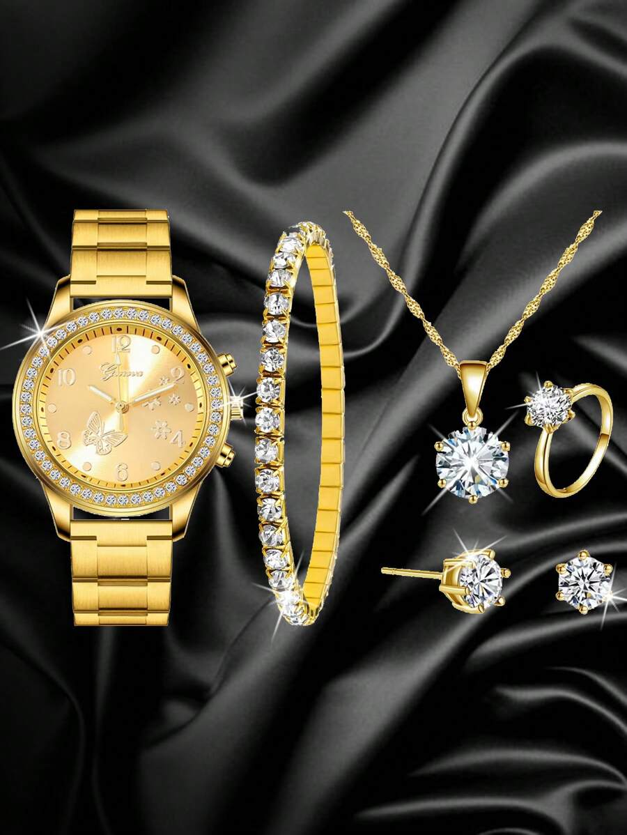 1 Nữ Vàng Dây Đeo Hợp Kim Kẽm Quyến Rũ Đính Đá Cubic Zirconia Trang Trí Mặt Tròn Đồng Hồ Thạch Anh & 5 Bộ Trang Sức, cho Cuộc Sống Hàng Ngày - Vàng - Xem 1