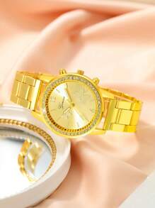 1 Nữ Vàng Dây Đeo Hợp Kim Kẽm Quyến Rũ Đính Đá Cubic Zirconia Trang Trí Mặt Tròn Đồng Hồ Thạch Anh & 5 Bộ Trang Sức, cho Cuộc Sống Hàng Ngày - Vàng - Xem 3