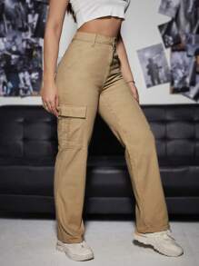 翻蓋口袋工裝牛仔褲 - 駝色 - 查看 5