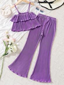 SHEIN Chicas Set Top de tirantes ribete con fruncido & Pantalones acampanados - Morado - Ver 2