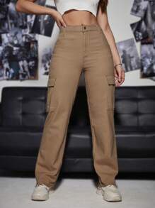 Flap Pocket Cargo Jeans - Brown - View 1