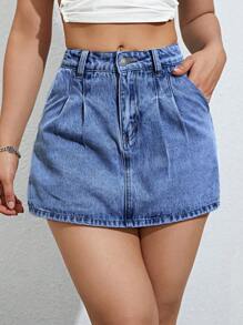 Fold Pleated Detail Denim Skort - Medium Wash - View 1