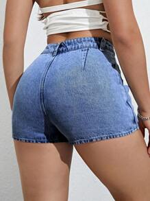 Fold Pleated Detail Denim Skort - Medium Wash - View 3