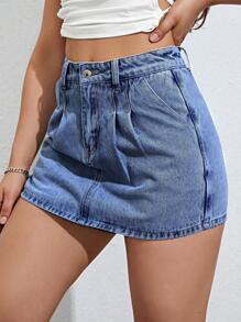 Fold Pleated Detail Denim Skort - Medium Wash - View 4
