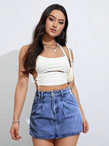 Fold Pleated Detail Denim Skort - Medium Wash - View 5