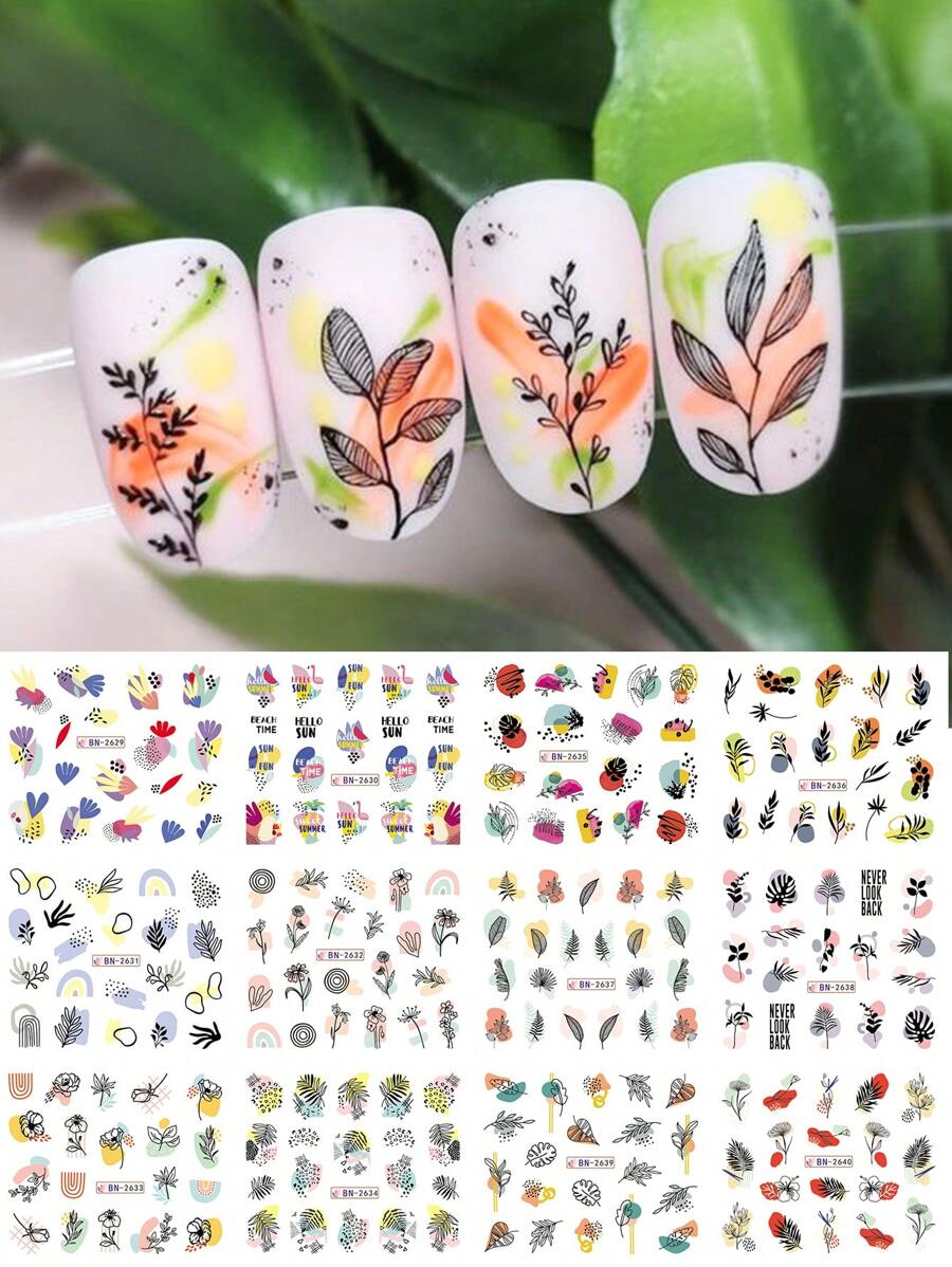 1片葉子圖案指甲藝術水貼，夏季指甲藝術綠葉水轉印指甲藝術用品指甲貼DIY