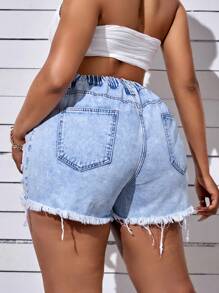 SHEIN SXY 大碼破洞毛邊牛仔短褲 - 淺色水洗藍 - 查看 2