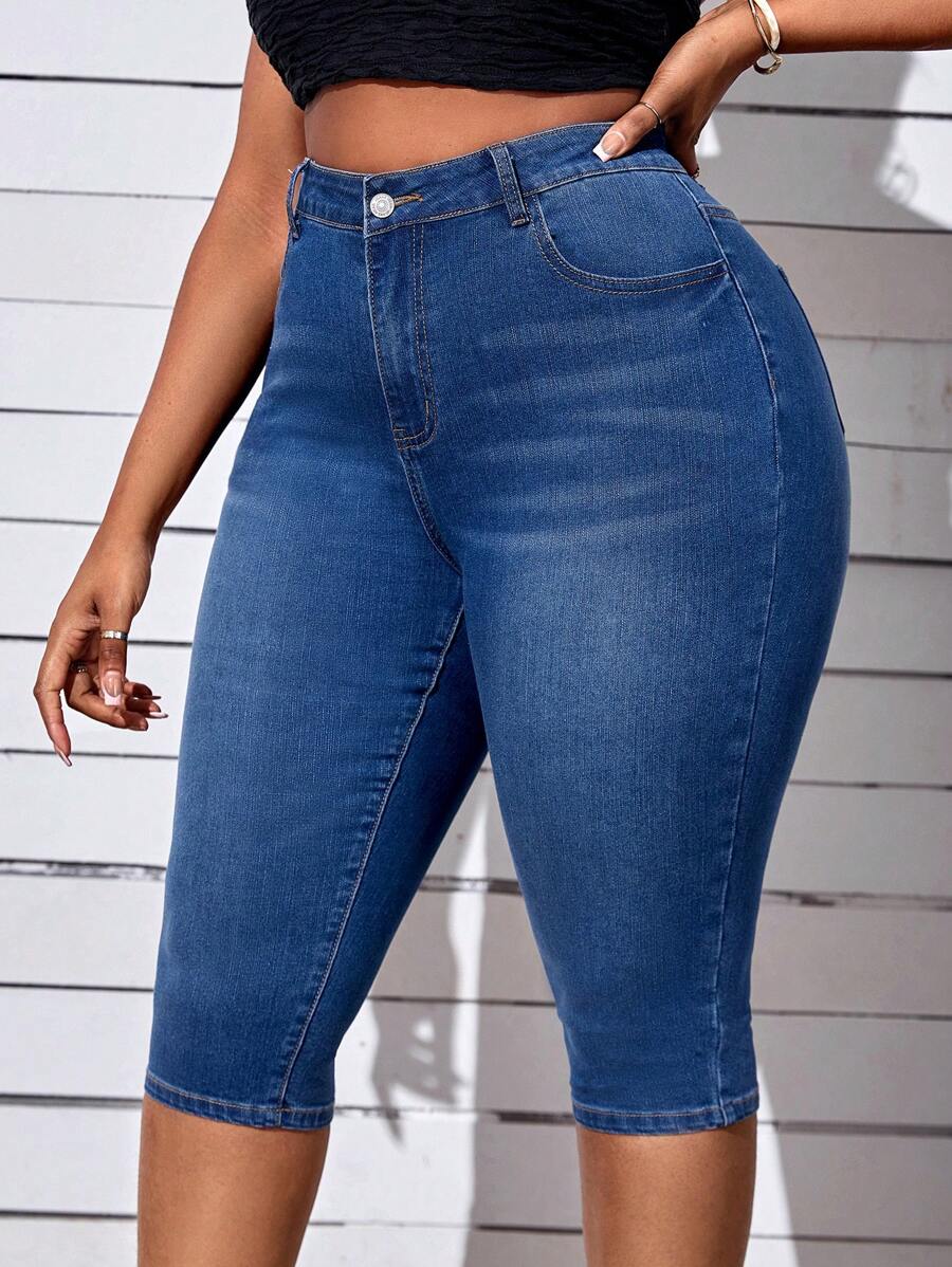 SHEIN SXY Quần Denim kích thước lớn Nút Túi Dây kéo màu trơn - Rửa tối - Xem 1