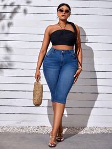 SHEIN SXY Quần Denim kích thước lớn Nút Túi Dây kéo màu trơn - Rửa tối - Xem 4