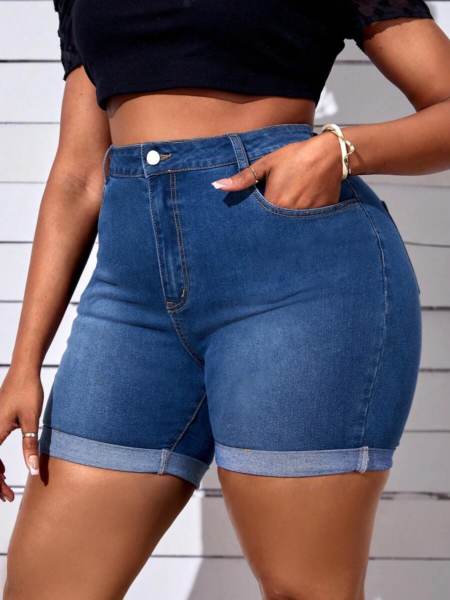 SHEIN SXY Plus Roll Up Hem Denim Shorts