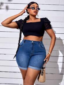 SHEIN SXY Plus Roll Up Hem Denim Shorts