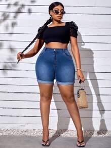 SHEIN SXY Plus Roll Up Hem Denim Shorts