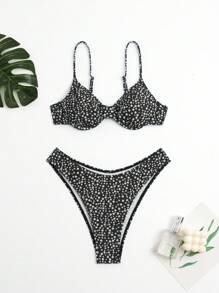 Ditsy Floral Print Bikini Set For Summer Beach - Black and White - View 3