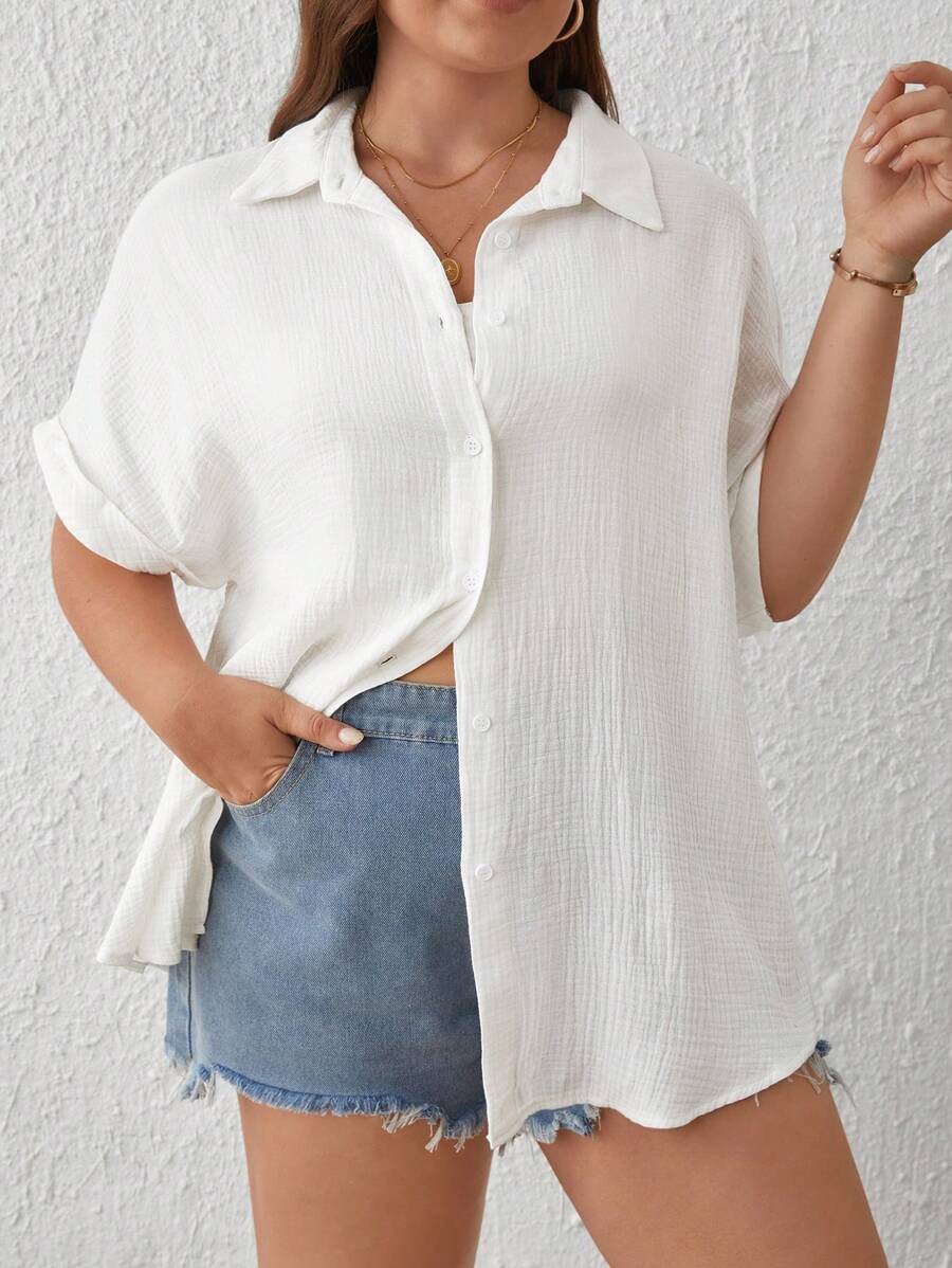 SHEIN Frenchy 大碼素色蝙蝠袖襯衫