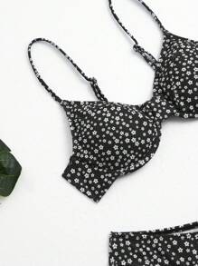 Ditsy Floral Print Bikini Set For Summer Beach - Black and White - View 6