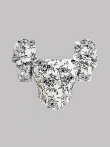 SHEIN MOD Áo sơ mi nữ Bất đối xứng Dải chun Hoa Tất cả trên in Boho - Đen và trắng - Xem 1