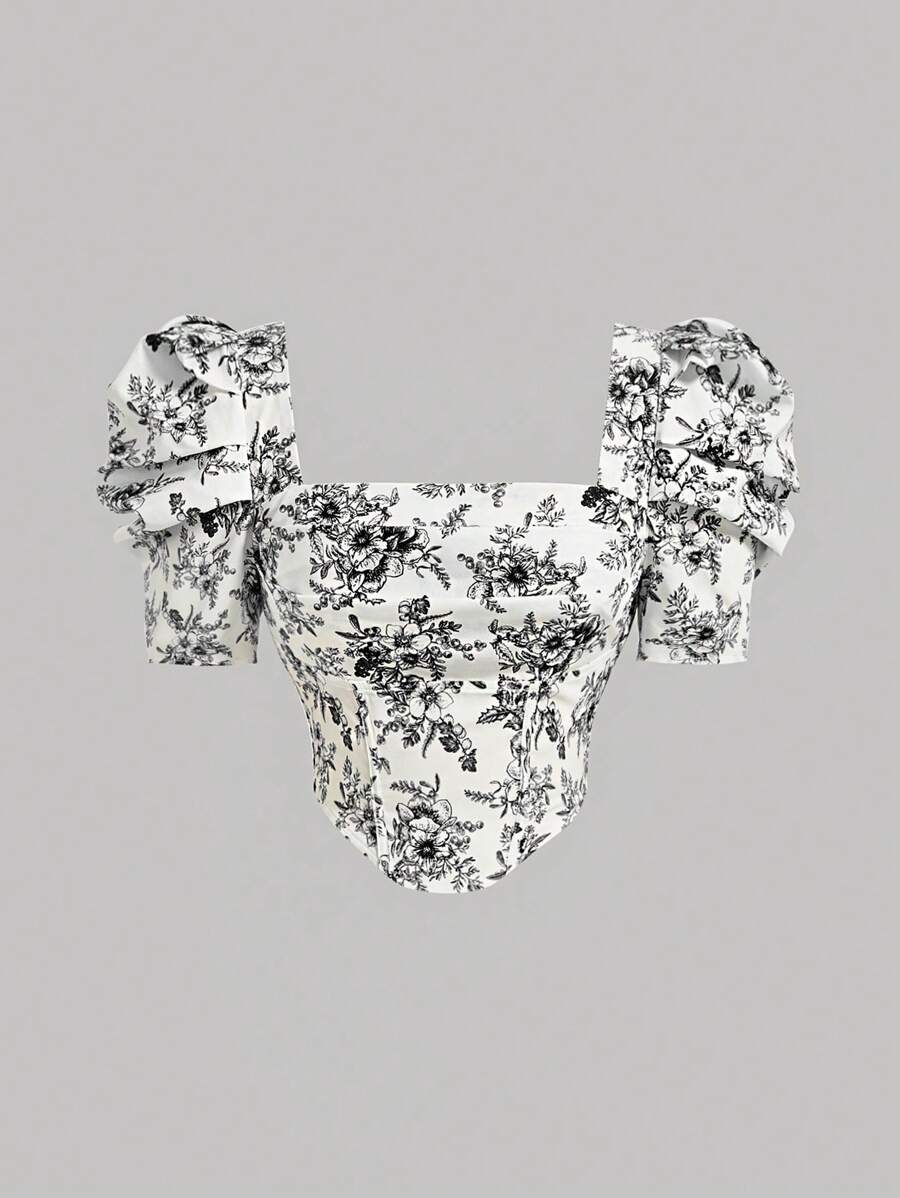 SHEIN MOD Áo sơ mi nữ Bất đối xứng Dải chun Hoa Tất cả trên in Boho - Đen và trắng - Xem 1