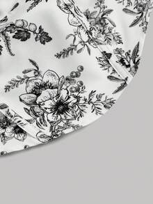 SHEIN MOD Áo sơ mi nữ Bất đối xứng Dải chun Hoa Tất cả trên in Boho - Đen và trắng - Xem 3