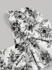 SHEIN MOD Áo sơ mi nữ Bất đối xứng Dải chun Hoa Tất cả trên in Boho - Đen và trắng - Xem 4