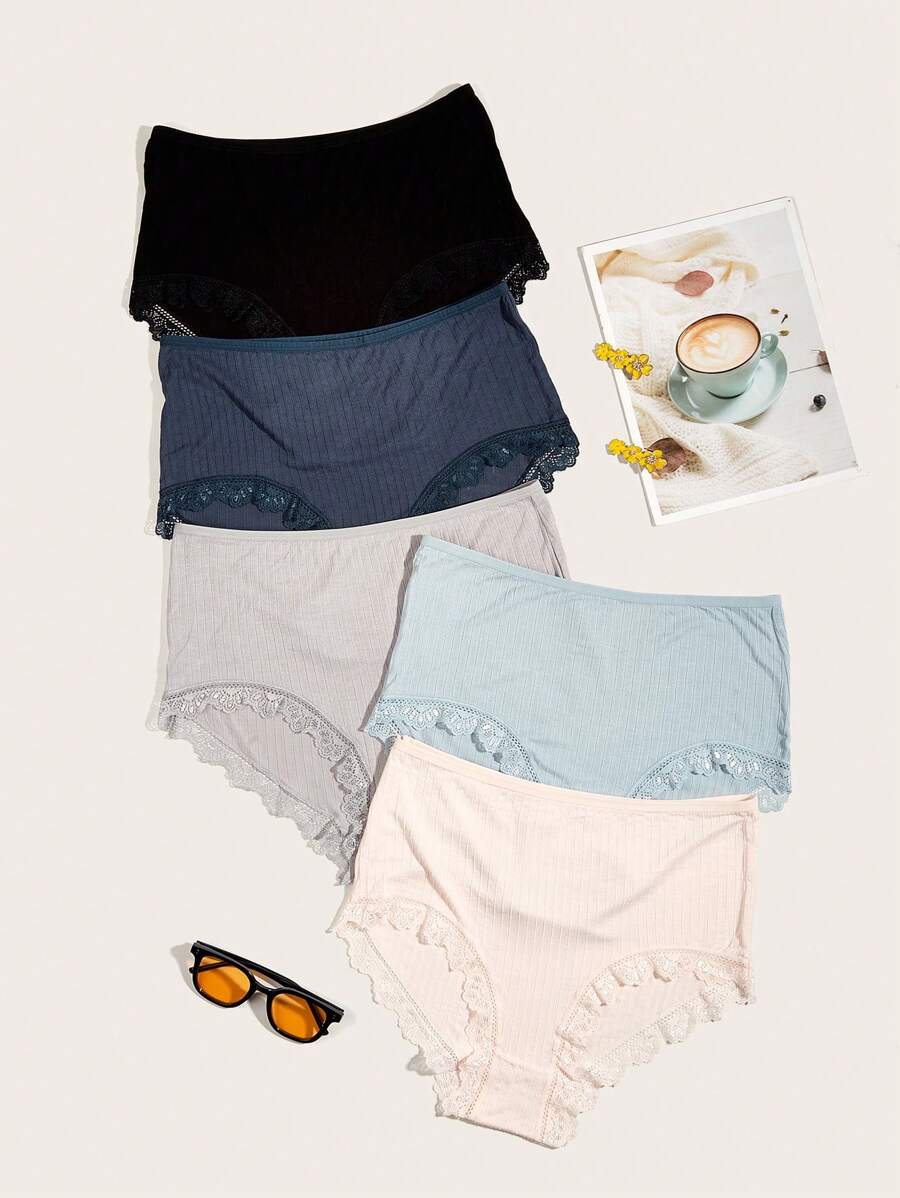 NudeFit Women's Plus Size Fantasy Elegant Plain Multicolor Panties With Contrast Lace - Multicolor - View 1