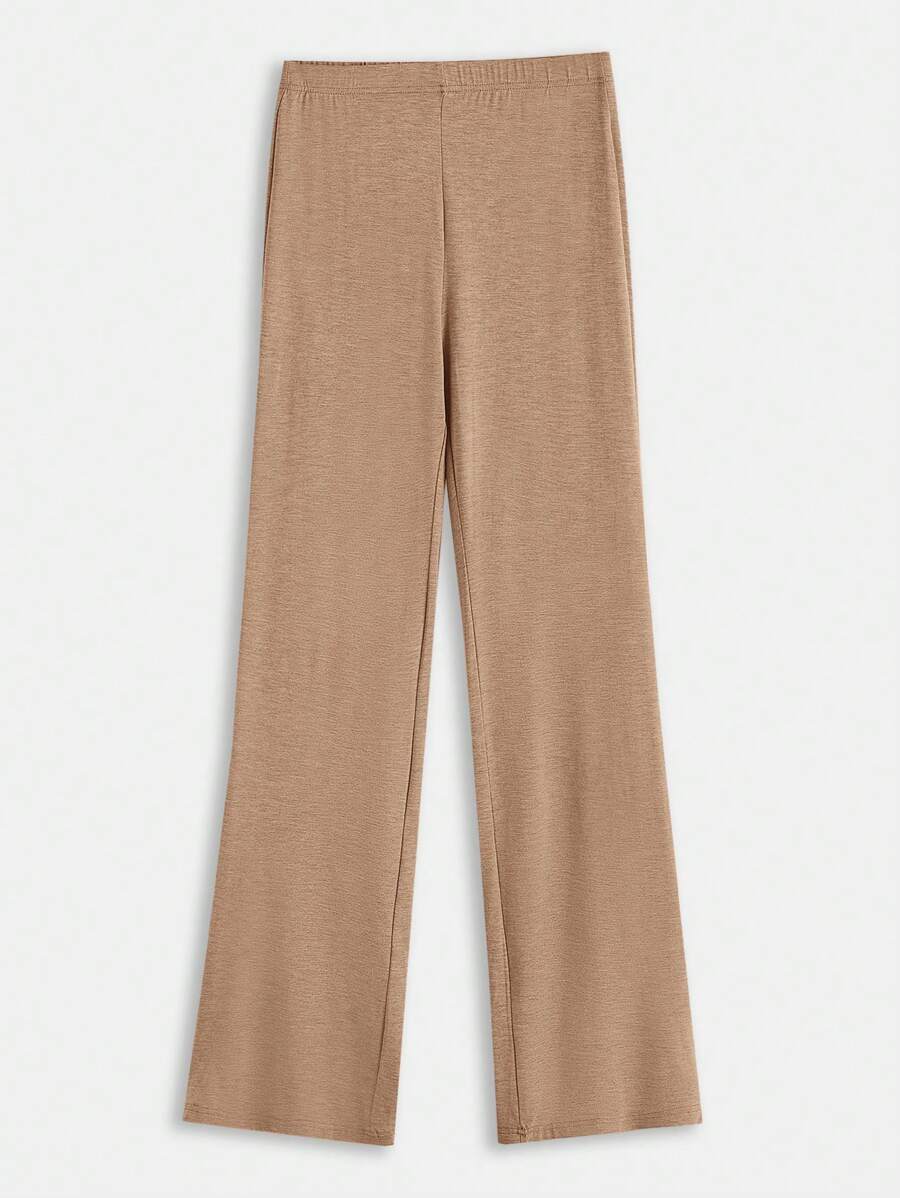 SHEIN BASICS Solid Flare Leg Trousers - Khaki - View 1