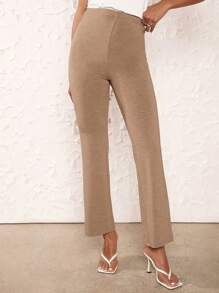 SHEIN BASICS Solid Flare Leg Trousers - Khaki - View 3