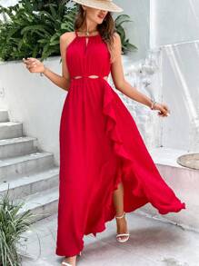 SHEIN VCAY Solid Ruffle Trim Cut Out Waist Cami Dress - Red - View 4