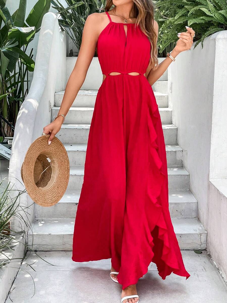 SHEIN VCAY Solid Ruffle Trim Cut Out Waist Cami Dress - Red - View 1