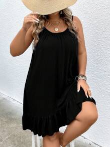 SHEIN Holidaya Plus Ruffle Hem Cami Dress - Black - View 1