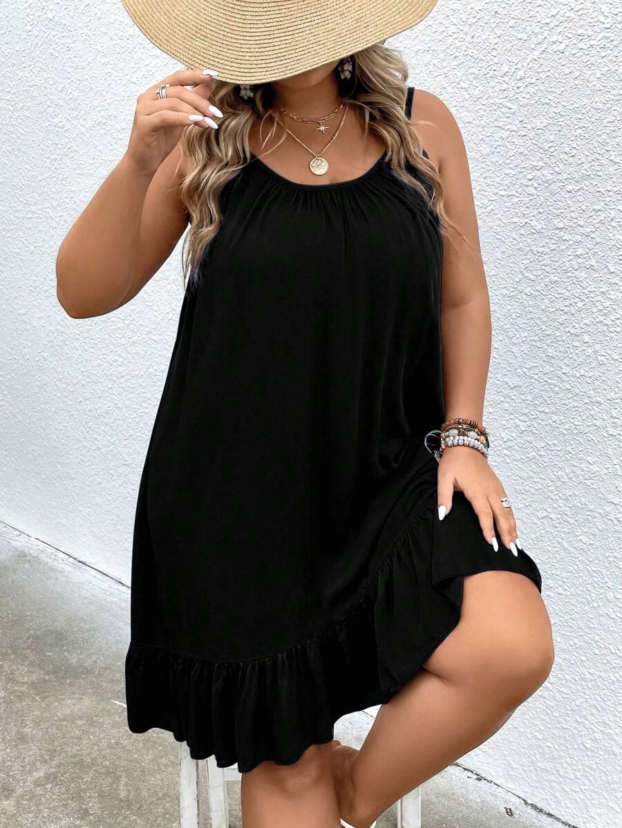 SHEIN Holidaya Plus Ruffle Hem Cami Dress - Black - View 1