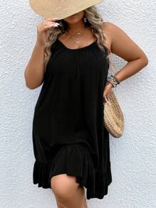 SHEIN Holidaya Plus Ruffle Hem Cami Dress - Black - View 6