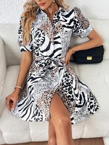 SHEIN Privé Đầm Thắt lưng Nút phía trước In hoa Báo Sọc ngựa vằn Giải trí - Nhiều màu - Xem 3