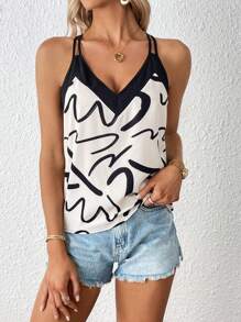 SHEIN Privé Allover Print Cami Top - Black and White - View 6