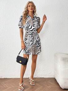 SHEIN Privé Đầm Thắt lưng Nút phía trước In hoa Báo Sọc ngựa vằn Giải trí - Nhiều màu - Xem 5