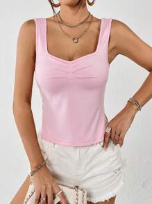 SHEIN Essnce 胸部褶皺下擺開叉背心上衣 - 淺粉色 - 查看 5