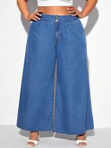 SHEIN SXY 大碼高腰闊腿牛仔褲 - 中等水洗藍 - 查看 1