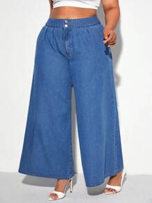 SHEIN SXY 大碼高腰闊腿牛仔褲 - 中等水洗藍 - 查看 3