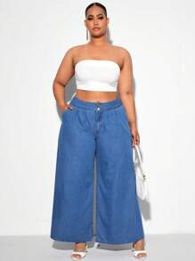 SHEIN SXY 大碼高腰闊腿牛仔褲 - 中等水洗藍 - 查看 4