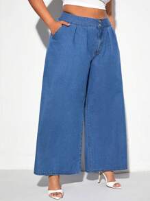 SHEIN SXY 大碼高腰闊腿牛仔褲 - 中等水洗藍 - 查看 5