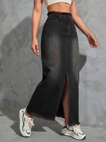 SHEIN EZwear Váy denim nữ Nút Chia Dây kéo màu trơn - màu đen - Xem 3