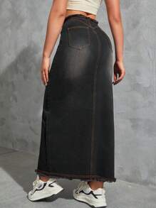 SHEIN EZwear Váy denim nữ Nút Chia Dây kéo màu trơn - màu đen - Xem 2