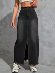 SHEIN EZwear Váy denim nữ Nút Chia Dây kéo màu trơn - màu đen - Xem 1