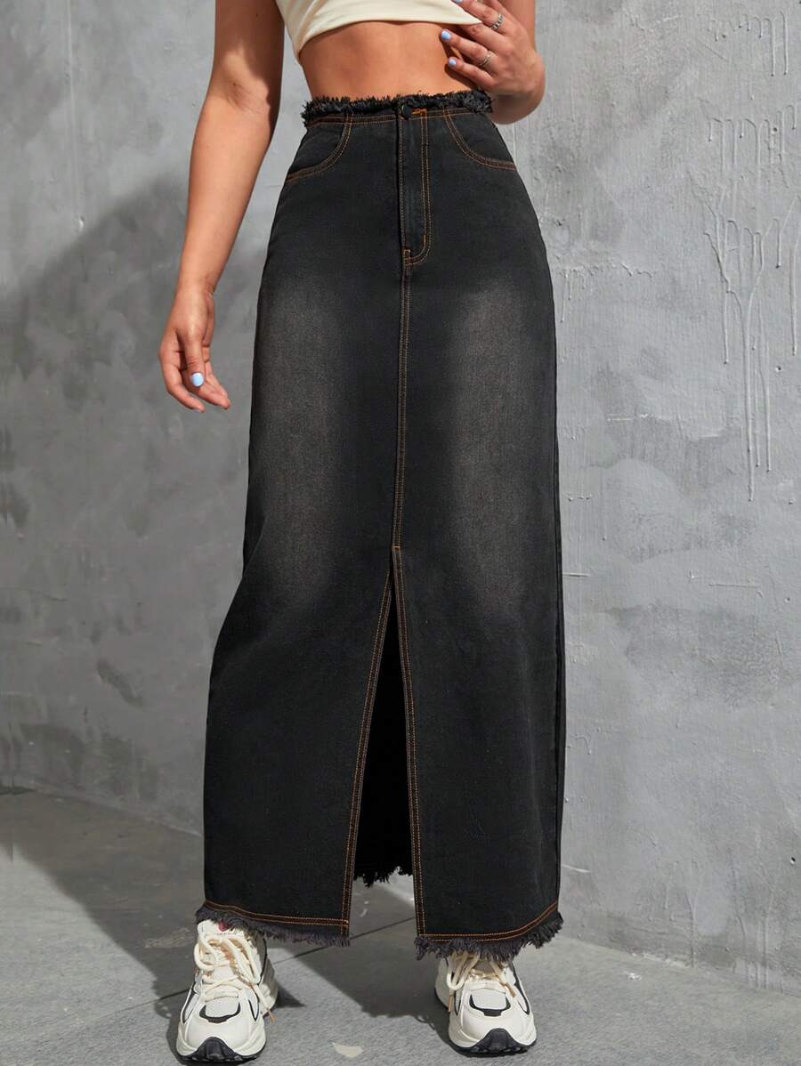 SHEIN EZwear Váy denim nữ Nút Chia Dây kéo màu trơn - màu đen - Xem 1