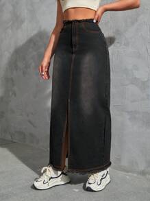 SHEIN EZwear Váy denim nữ Nút Chia Dây kéo màu trơn - màu đen - Xem 5