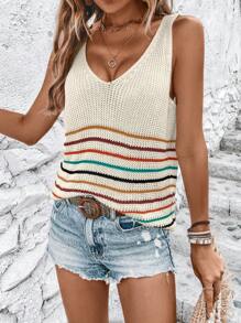 SHEIN LUNE Áo len nữ vest Sọc Giải trí - Màu be - Xem 1