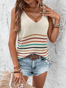 SHEIN LUNE Áo len nữ vest Sọc Giải trí - Màu be - Xem 5