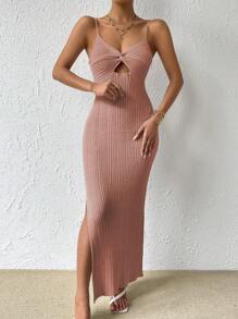 SHEIN Frenchy 前扭結高衩吊帶毛衣連衣裙 - 藕粉色 - 查看 1