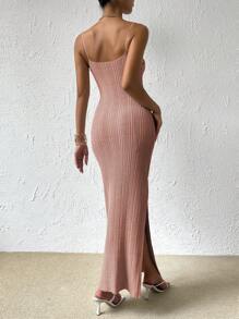 SHEIN Frenchy 前扭結高衩吊帶毛衣連衣裙 - 藕粉色 - 查看 2