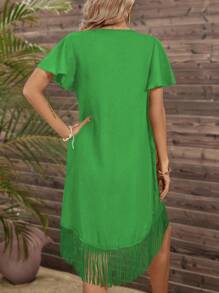 流蘇邊圍裹蝴蝶袖罩衫洋裝 - 綠色 - 查看 2