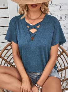 SHEIN LUNE Áo thun nữ Hội Chữ thập màu trơn Giải trí - Màu xanh ngọc - Xem 1